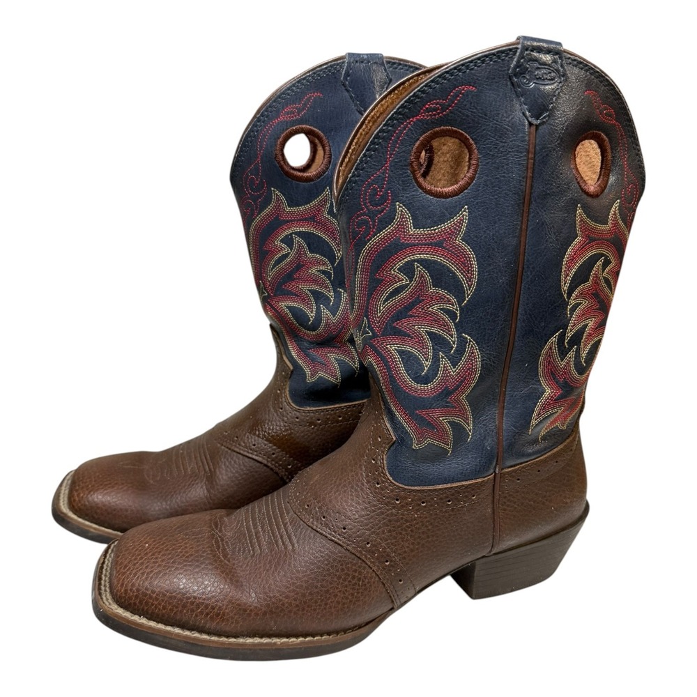 Justin Boots Youth 6 Cowboy Boots Brown Leather Navy Blue Square Toe 2520JR